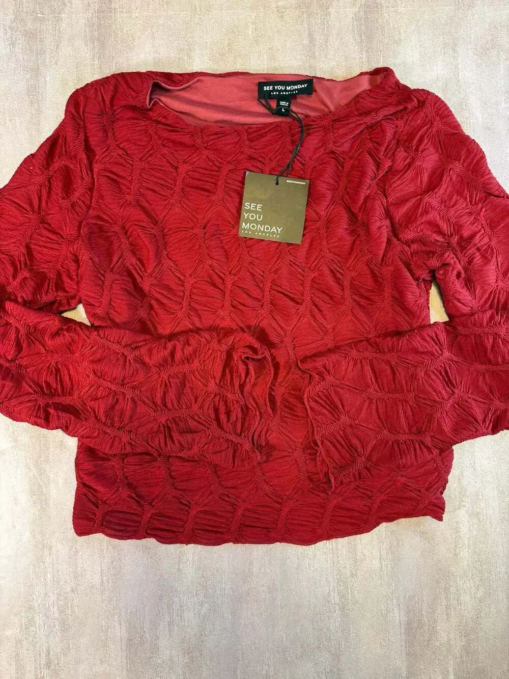 Red Textured Long Sleeve Top Size L - Picture 2 of 5